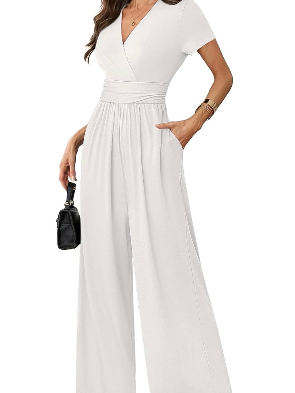 Women's White Wrap Wide-Leg Jumpsuit with Pockets
